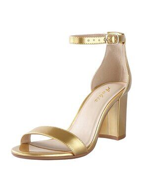 Ankis Size 6.5 Sandals Womens Gold Chunky Heel Adjustable Ankle Strap